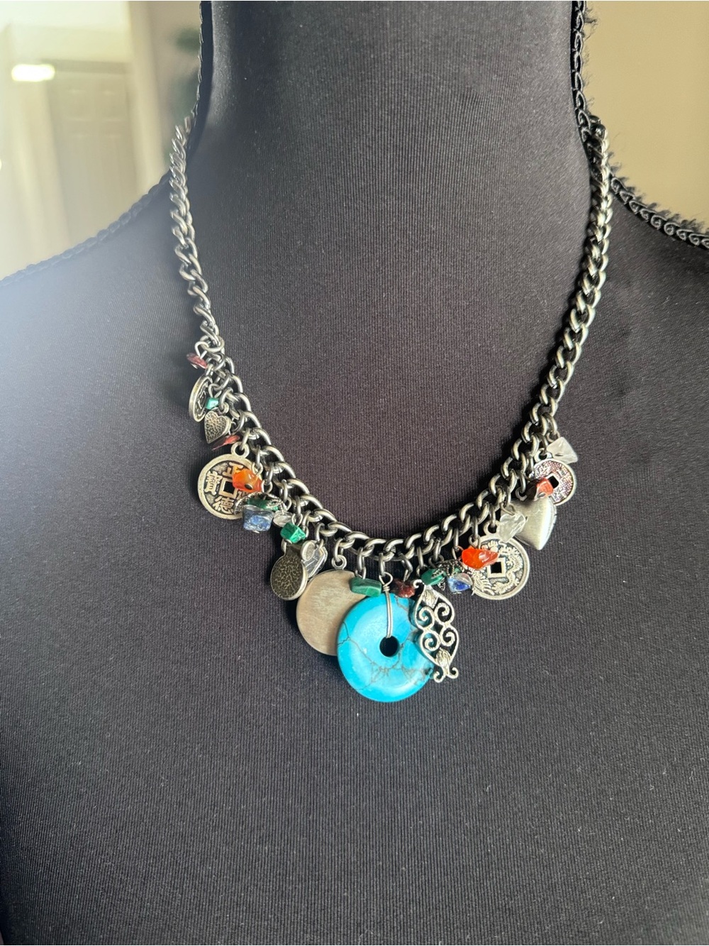 Turquoise Charm Coin Statement Necklace & Earrings